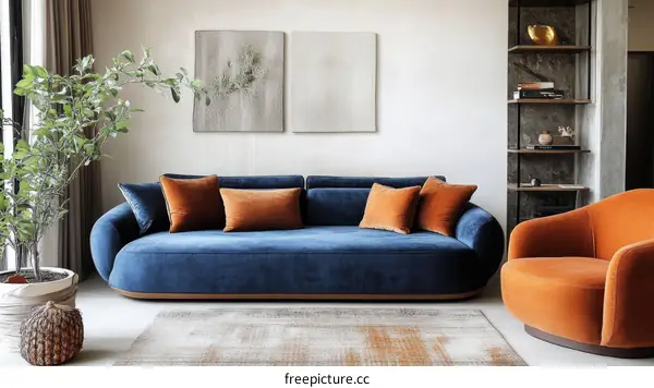 Modern Living Room with Blue Sofa and Orange Chair