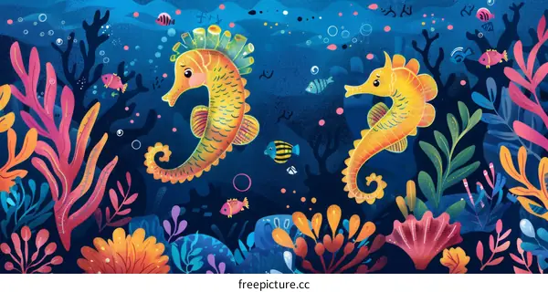 Seahorses Swimming in a Vibrant Coral Reef