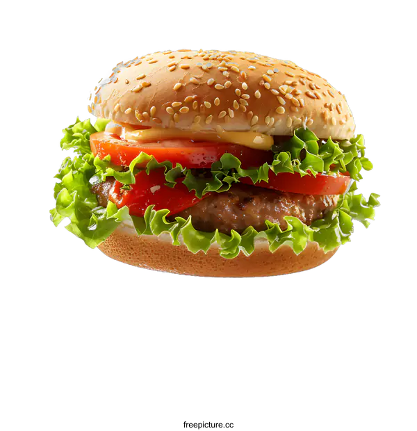 [Transparent Background PNG]Close Up of a Juicy Hamburger with Lettuce, Tomato, and a Sesame Seed Bun