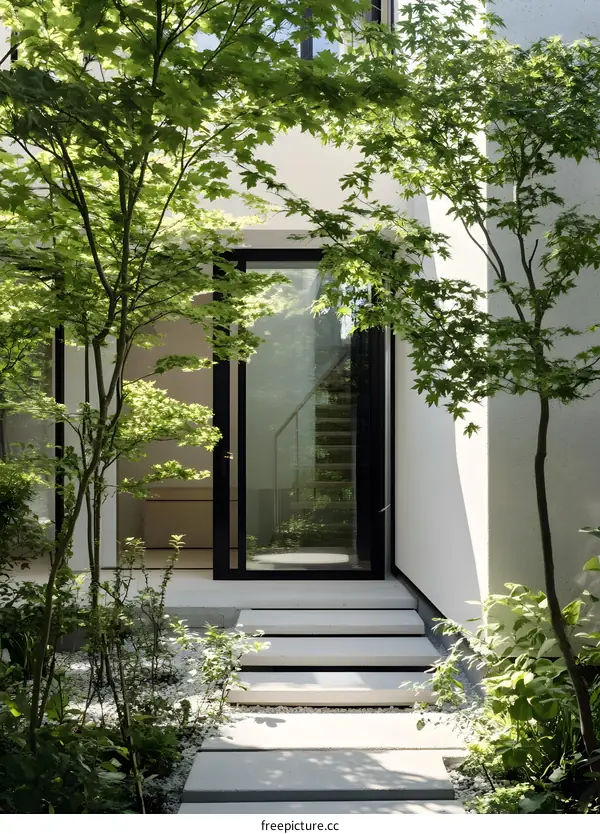 Modern Minimalist Home Exterior With Greenery And Stone Steps