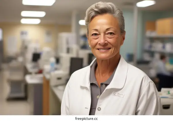 portrait of a female scientist in a lab coat smiling
