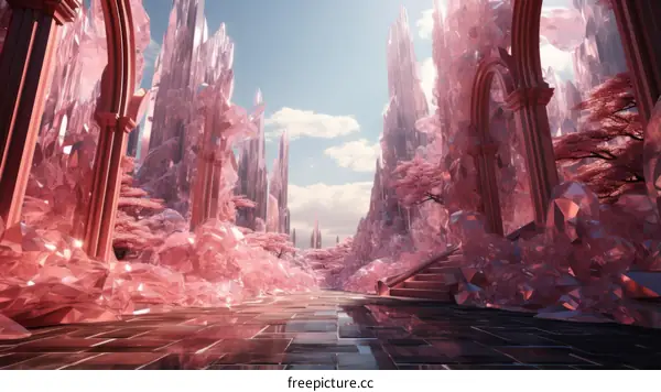 pink crystal fantasy landscape with trees and a path