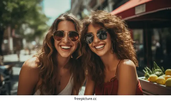 Two young women with curly hair smiling and wearing sunglasses