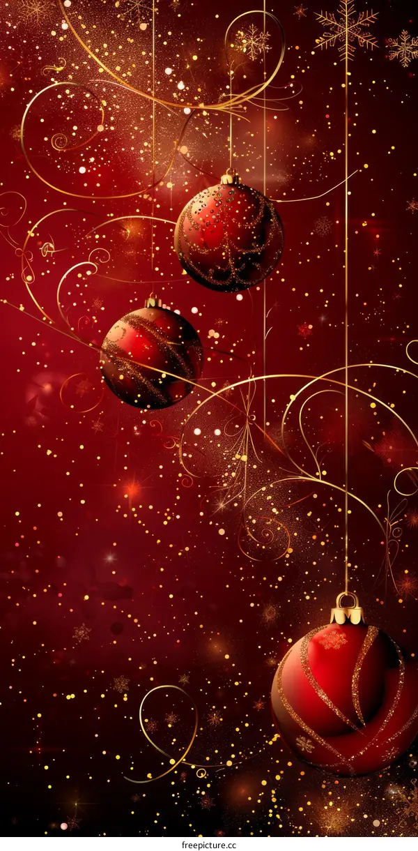 Christmas red balls with golden snowflakes on red background