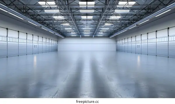 Empty Industrial Warehouse Interior with Metal Roll Up Doors