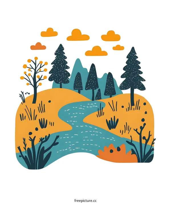 Hand Drawn Illustration of Forest Landscape with River and Mountains