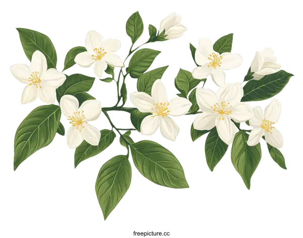 [Transparent Background PNG]Delicate White Flowers and Lush Green Leaves Illustration