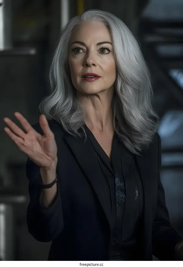Portrait of a Beautiful Mature Woman with Gray Hair and a Black Blazer