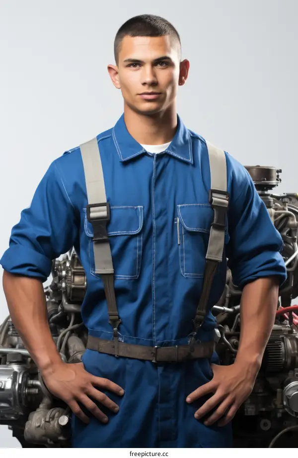 Young male mechanic in blue uniform standing in front of an engine