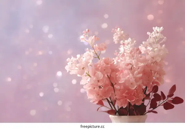 Delicate Pink Flowers in Vase with Bokeh Background