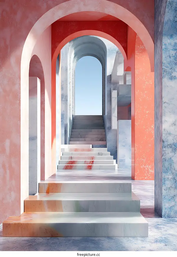 Archway Stairway With Marble And Red Walls