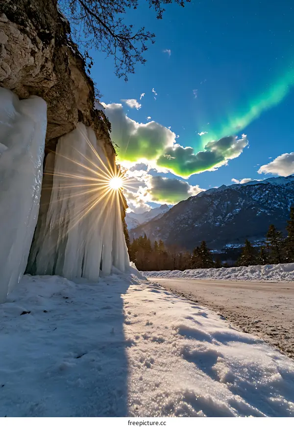 Sun Shining Through Icicles in a Mountain Valley