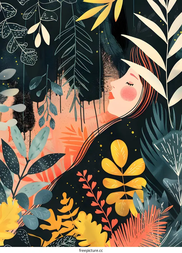 Woman with Closed Eyes Surrounded by Tropical Leaves