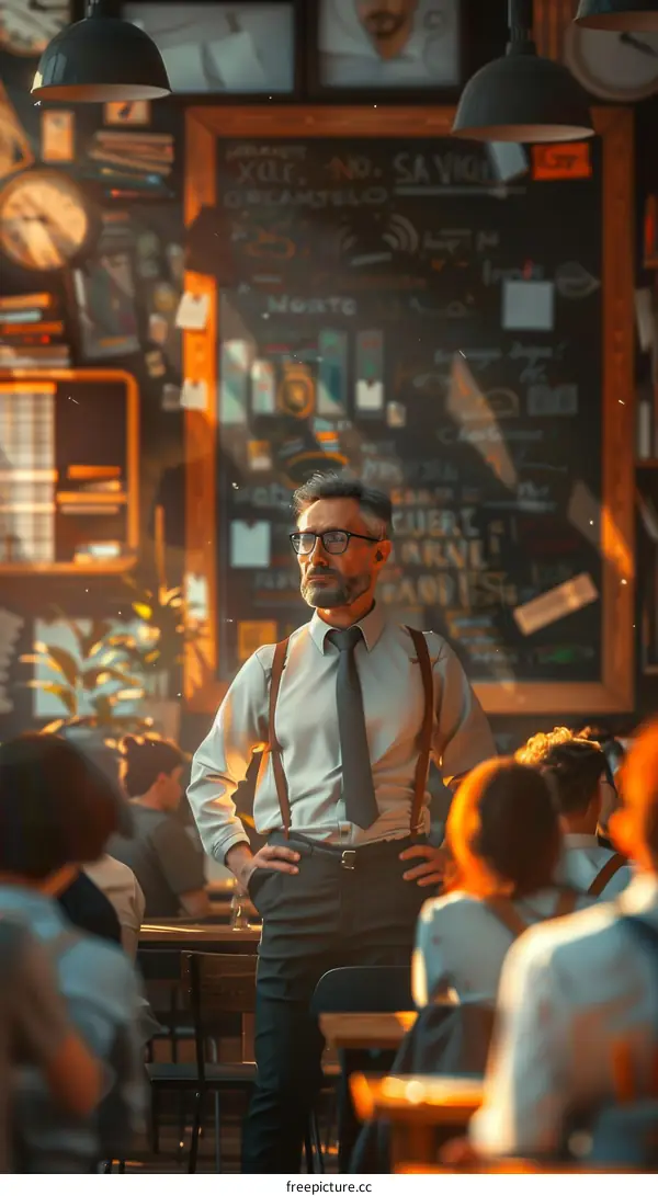 Confident male teacher standing in front of a classroom of students