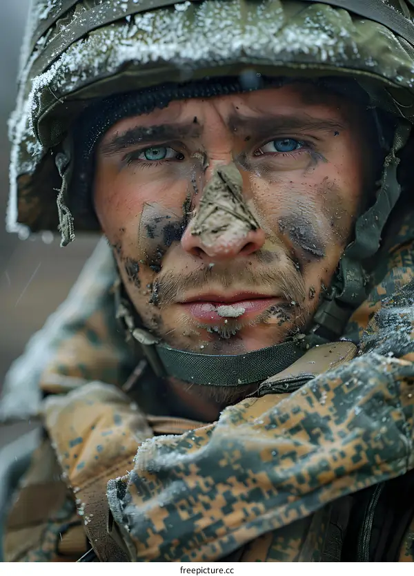 Portrait of a soldier with blue eyes and a dirty face