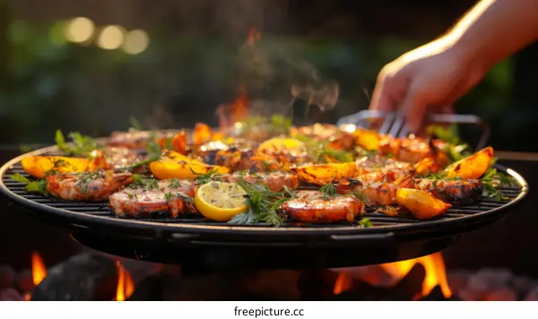 A person grilling various types of food on a grill