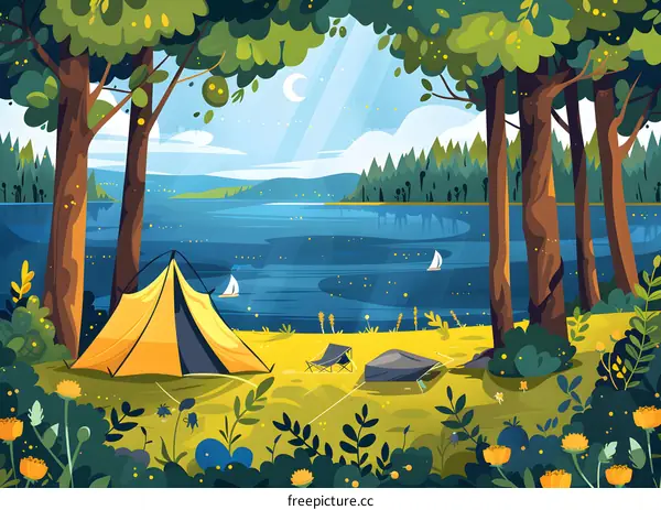 Camping by the Lake in a Forest