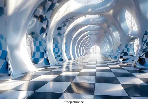 Futuristic blue and white checkered tunnel