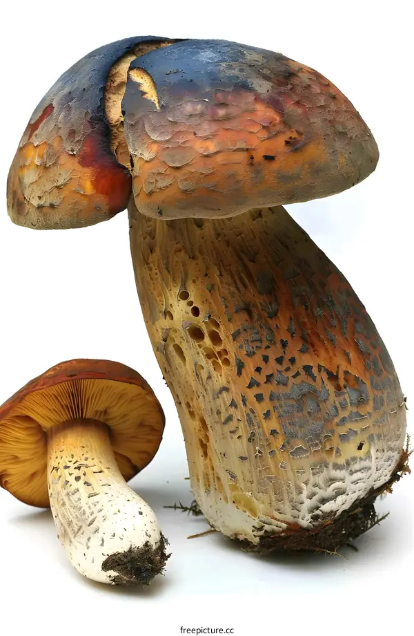 Two brown mushrooms on a white background
