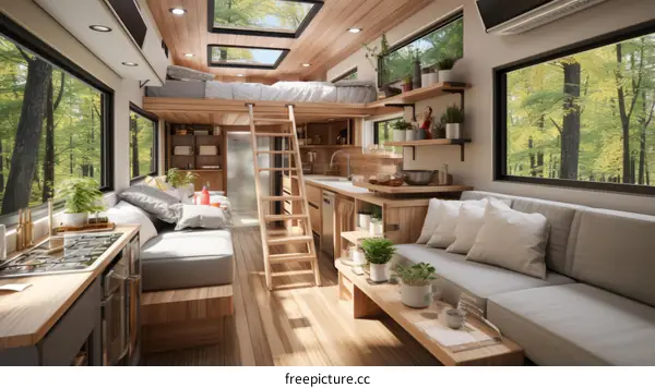 Cozy Modern Tiny House Interior w/ Living Area, Kitchen, Sleeping Loft