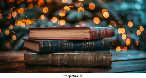 Vintage Books on a Shelf with Blurry Lights