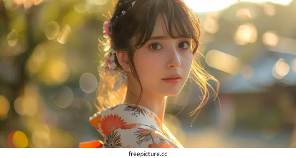 Japanese Woman in Kimono Portrait in Springtime