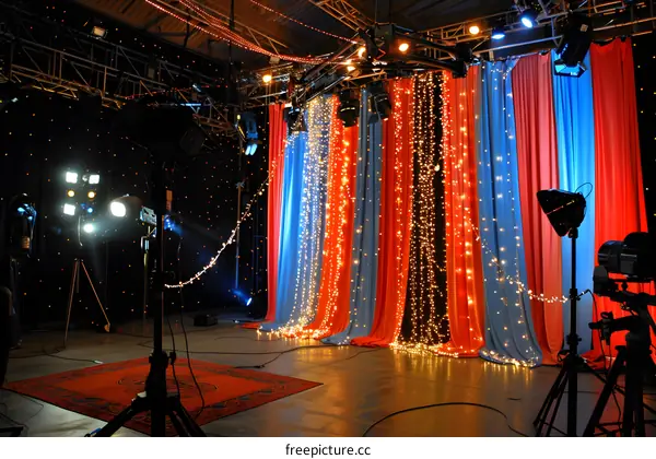 Red Blue Curtains with String Lights Stage Setup