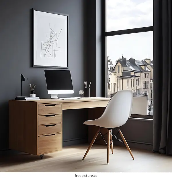Modern Home Office with City View Illustration