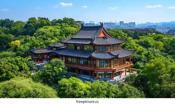 Panoramic View of Traditional Chinese Architecture Amidst Lush Greenery