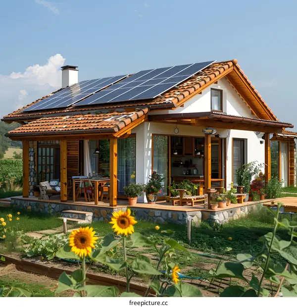 Modern Farmhouse with Solar Panels and Sunflowers