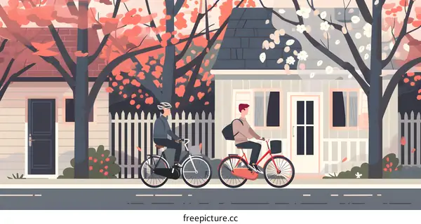 Two People Riding Bikes in a Suburb