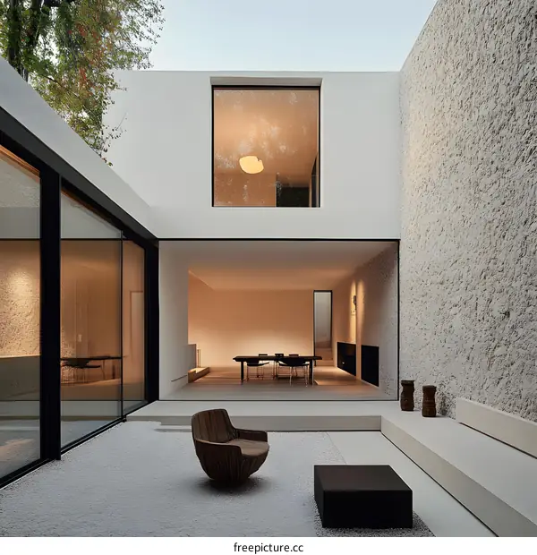 Modern Minimalist Patio Design with White Walls and Black Window Frames