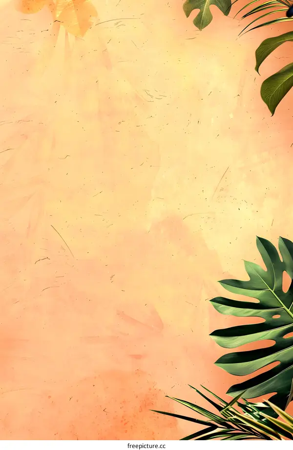 Tropical Leaf Background on Orange Textured Wall