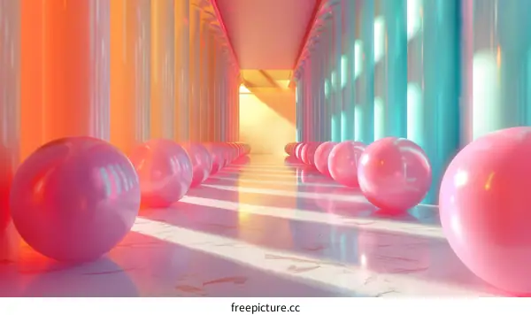 Pink Spheres in a Colorful Hallway