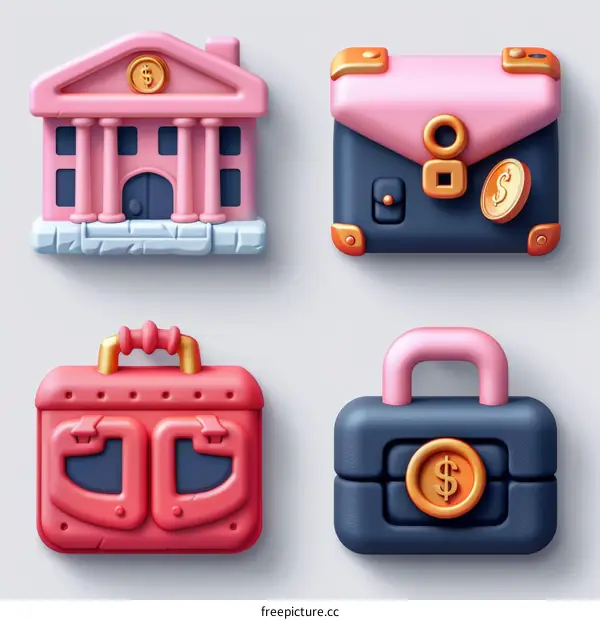 A set of 3D rendered financial icons