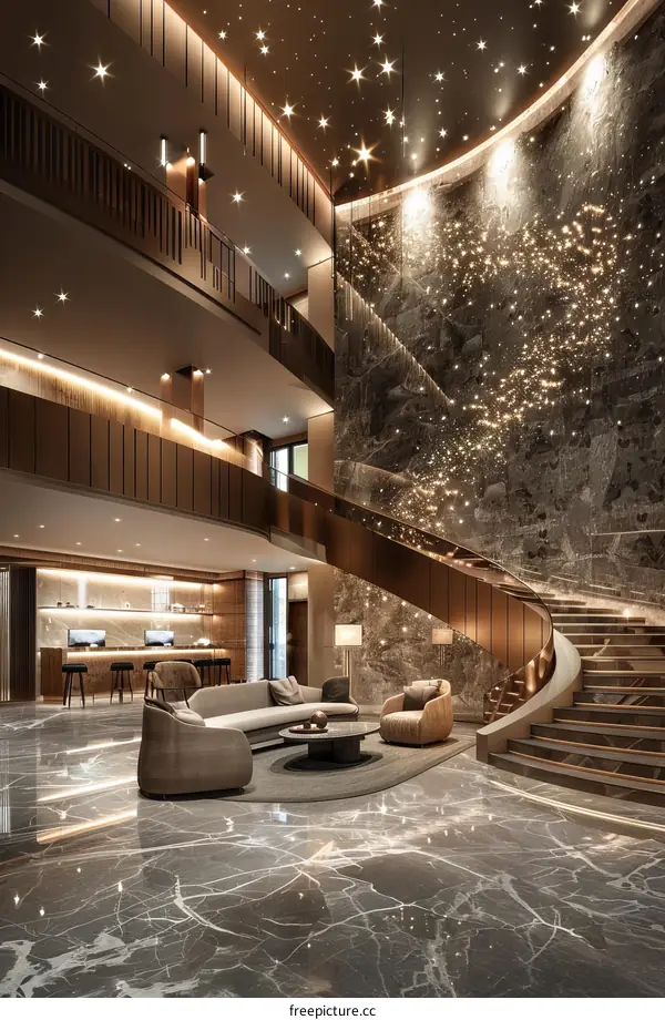 Modern luxury hotel lobby interior with marble staircase and crystal lights