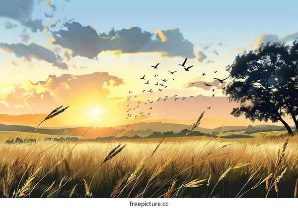 Sunset Landscape with Flying Birds and Silhouettes of Trees
