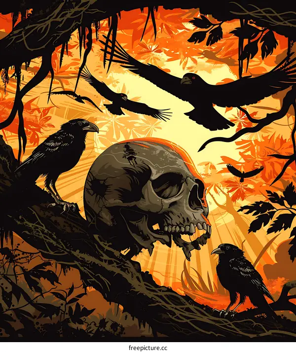 Dark Forest with Skull and Crows