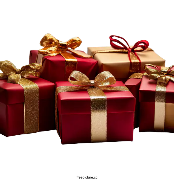 [Transparent Background PNG]Christmas Gift Boxes with Gold Ribbons