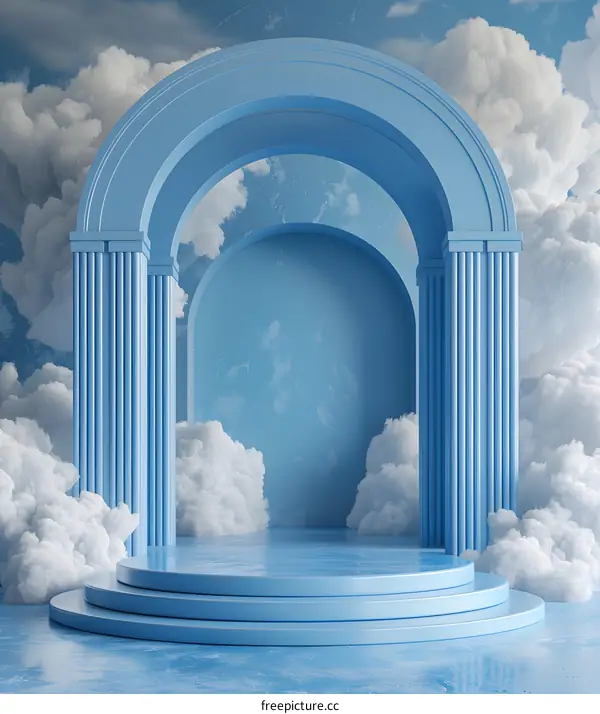 Blue archway and round platform with clouds