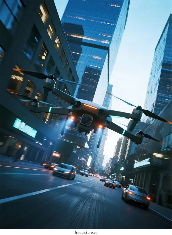 Drone flying over busy city street with tall buildings