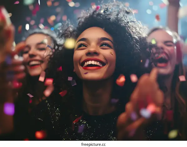 Three Friends Celebrate with Confetti