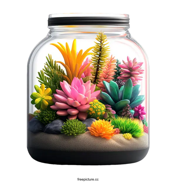 [Transparent Background PNG]Colorful Succulents in a Glass Jar Terrarium