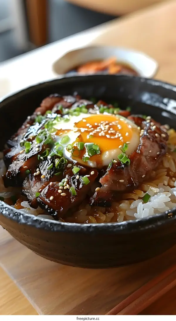 A delicious bowl of gyudon with an egg on top