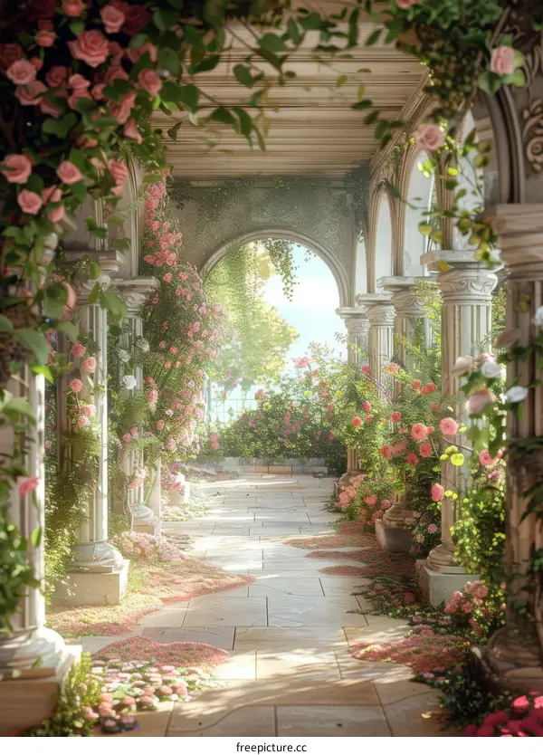 Pink Rose Archway in a Whimsical Garden