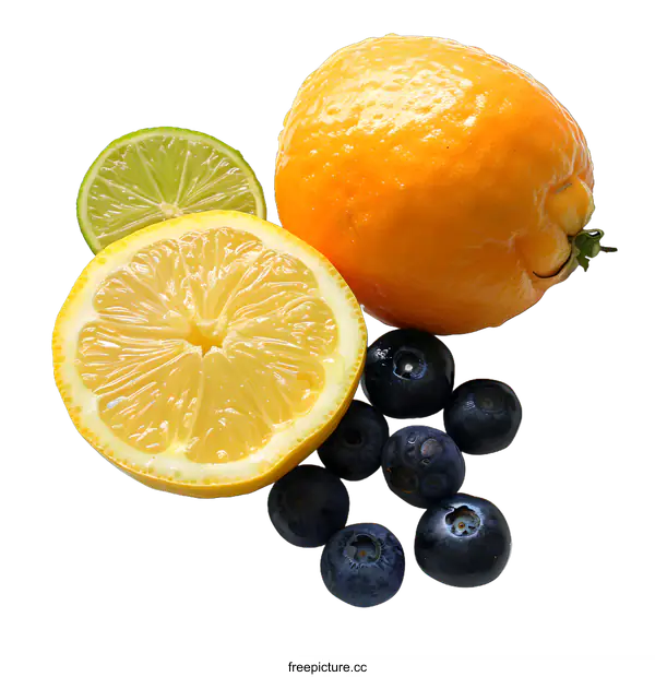 [Transparent Background PNG]Fresh Lemon, Lime and Blueberries on White Background