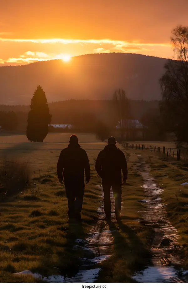 Two Men Walking Towards the Sunset in a Field