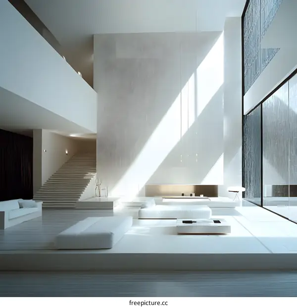 Minimalist Modern Living Room Interior Design With Large Windows And White Walls