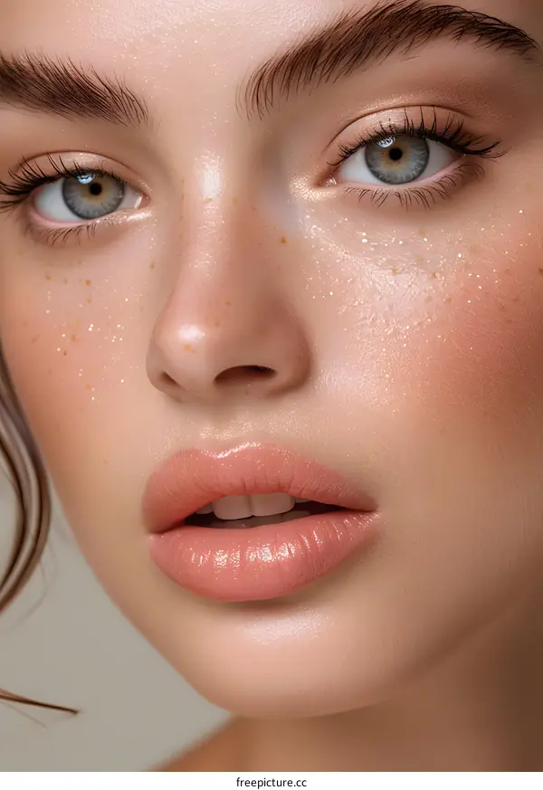 Close up portrait of a beautiful young woman with freckles on her face
