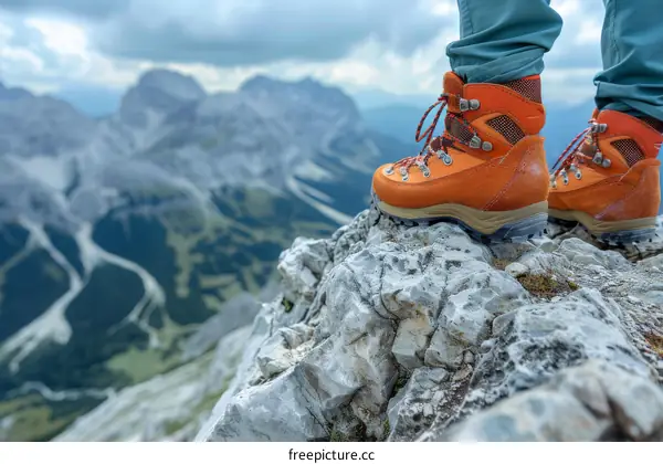 A person wearing hiking boots is standing on a rock in the mountains